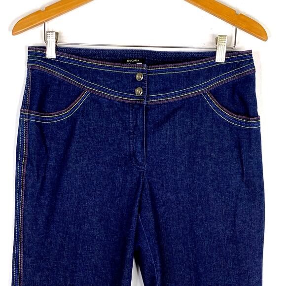 Escada Rainbow Stitch Bareback Jeans Women 40 Dark Blue Bootcut High Rise Pride - Picture 1 of 12
